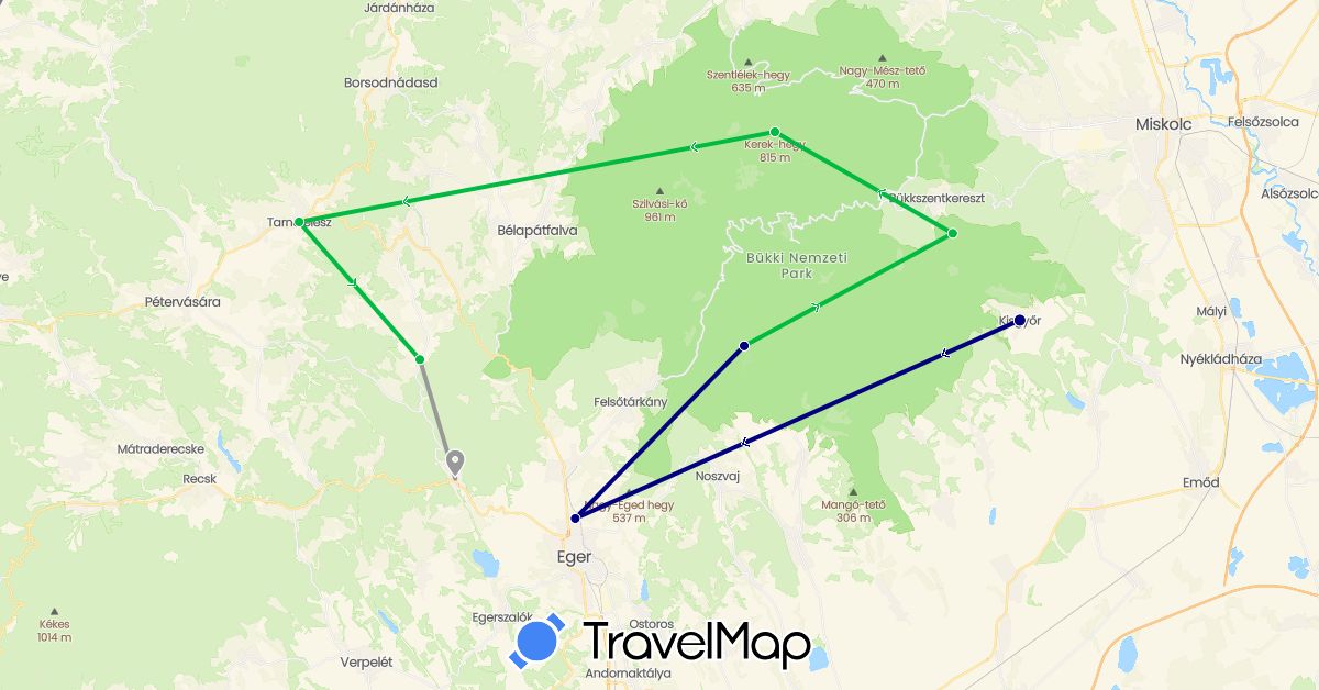 TravelMap itinerary: driving, bus, plane in Hungary (Europe)